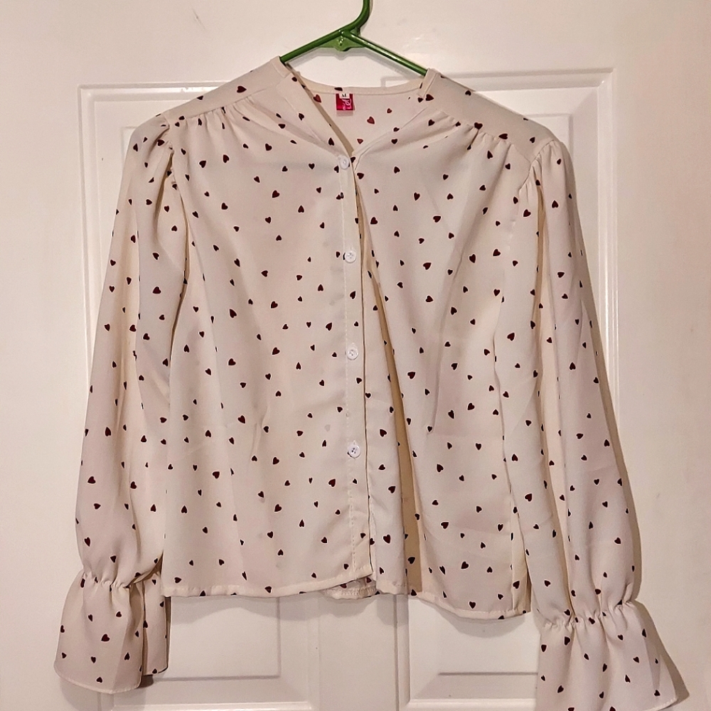 Long Sleeve Cream Color Button Down Heart Pattern Blouse